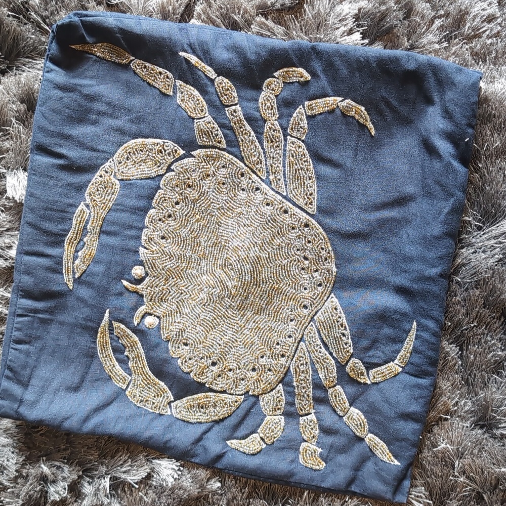 Navy Blue Crab Embroidered Throw Pillow Cover - Picture 3 of 13